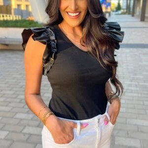 Black Leatherette Ruffle Patchwork Ribbed V Neck Bodysuit