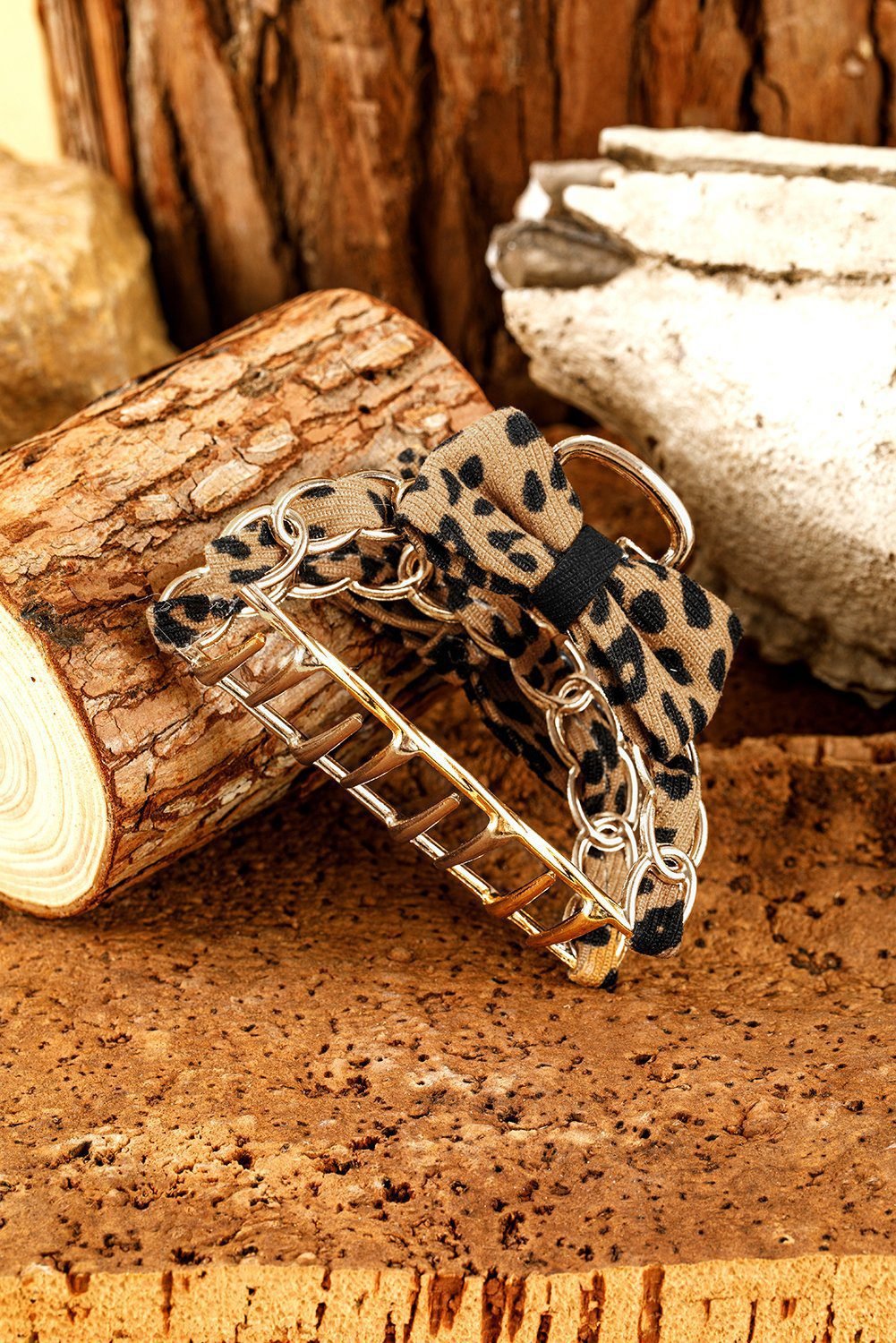 Camel Leopard Print Bow Decor Alloy Hair Claw Clip