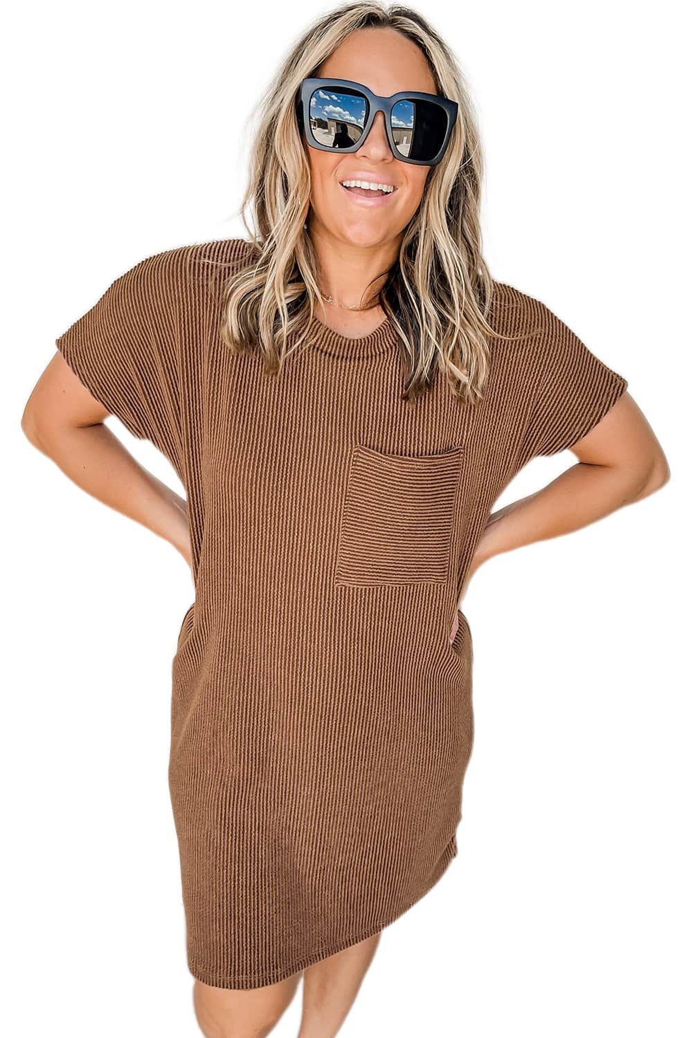 Striped Ribbed Knit T-Shirt Shift Dress