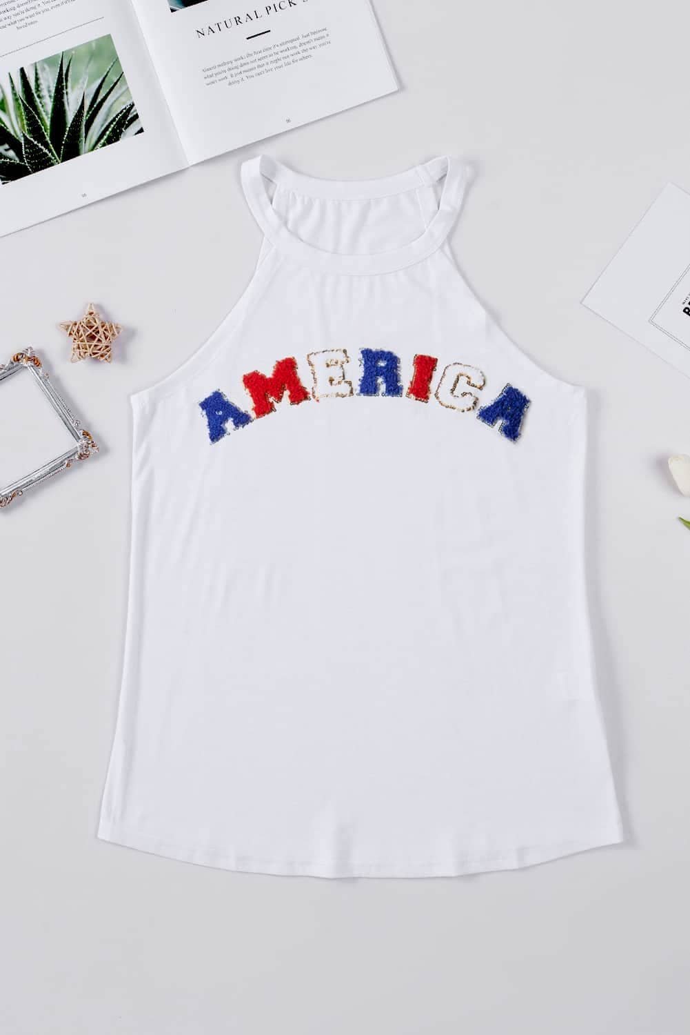 White Chenille America Graphic Tank Top
