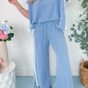 Sky Blue 2-Tone Colorblock Patchwork Corded 2Pcs Outfit