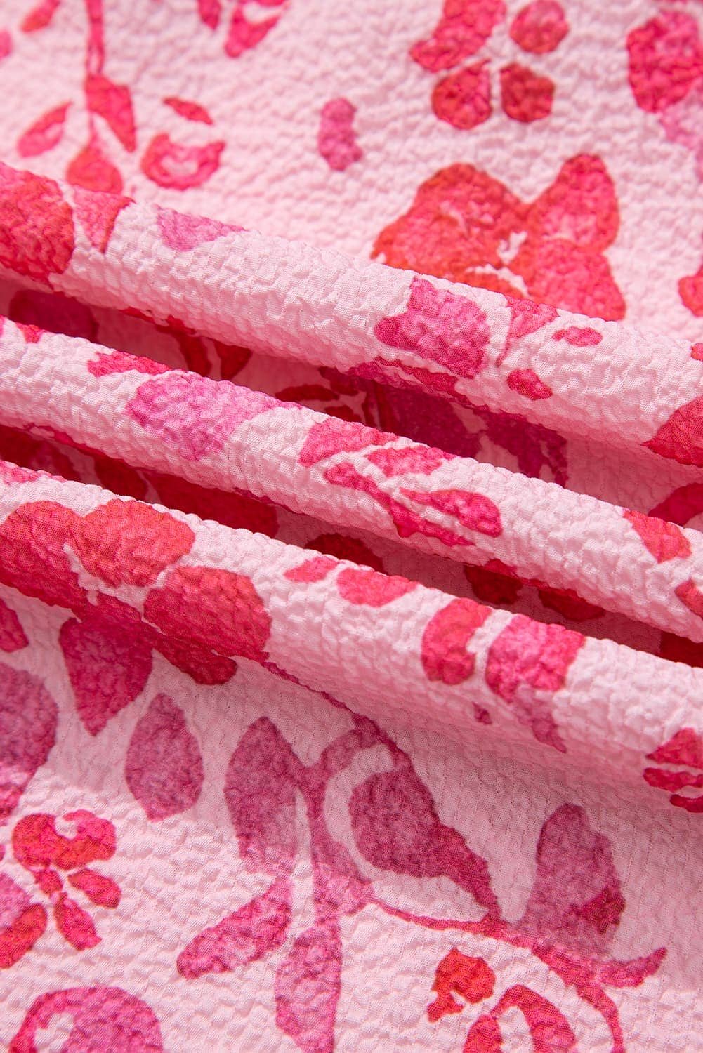 Pink Floral Puff Sleeve Split Neck Lightweight Blouse