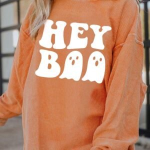 Orange Halloween Hey Boo Ghost Print Loose Sweatshirt