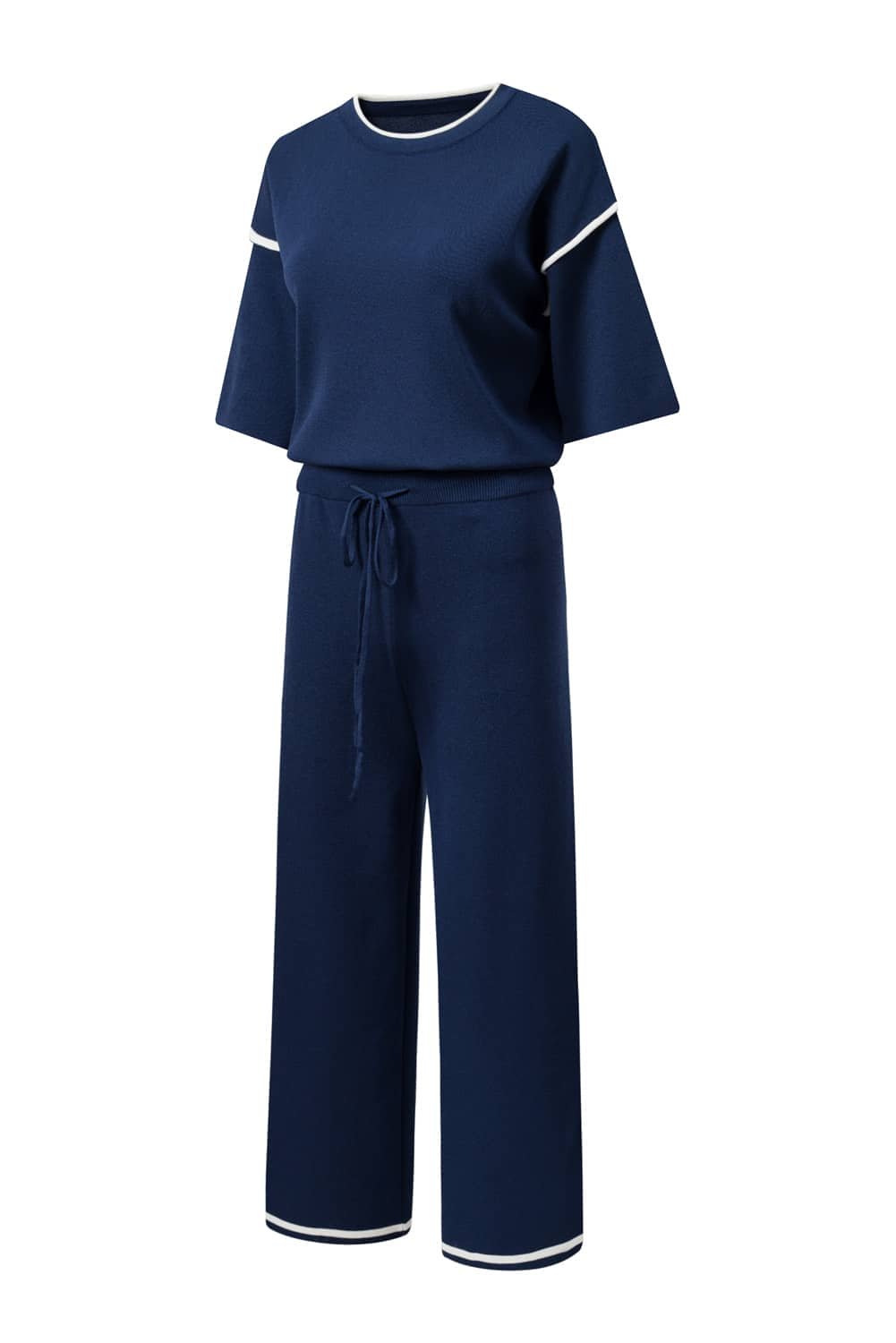 Navy Blue Contrast Trim Half Sleeve Top Drawstring Pants Loose 2Pcs Sweater Suit