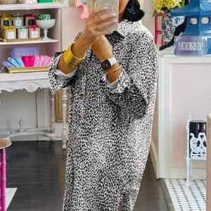 Long Sleeve Leopard Animal Print Shirt Dress