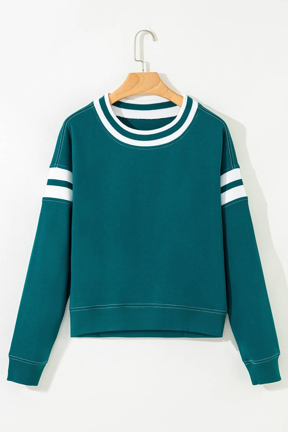 Blackish Green Contrast Striped Patchwork Round Neck Drop Shoulder Sweatshirt