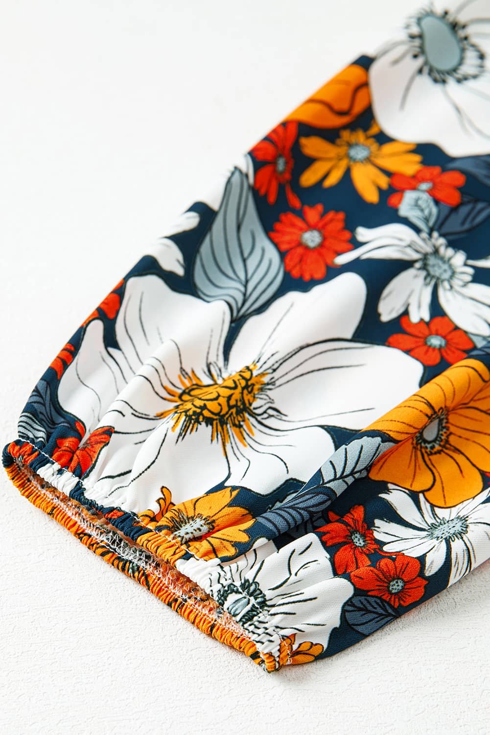 Orange Floral Print Striped Lace V Neck Long Sleeve Mini Dress