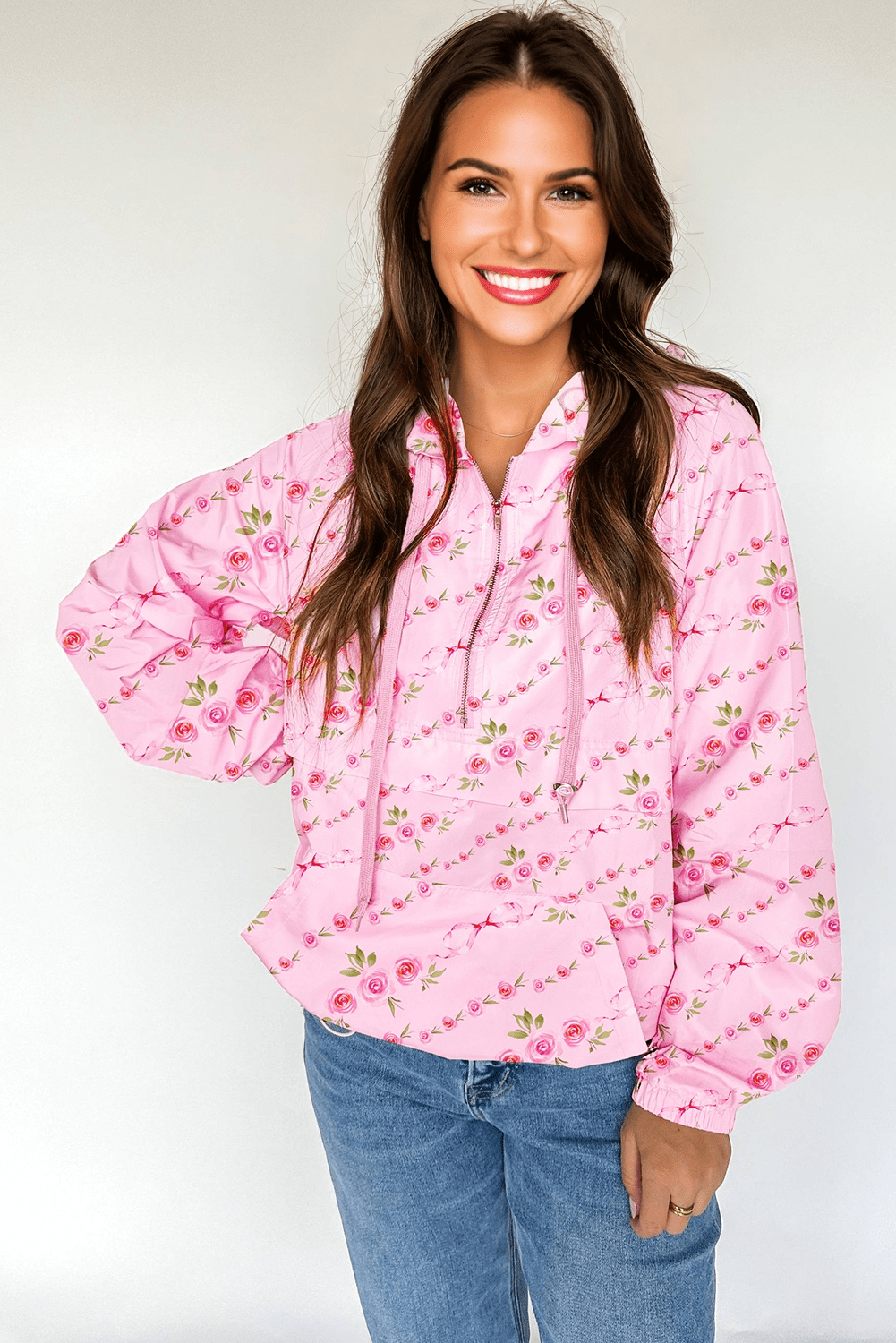 Pink Floral Print Half Zip Kangaroo Pouch Drawstring Hoodie
