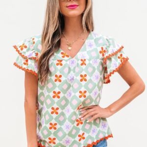 Green Geometric Floral Print Layered Flutter Sleeve V Neck Ric Rac Trim Blouse