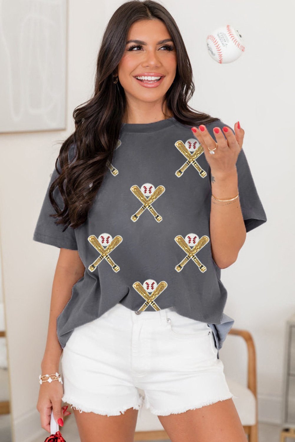 Gray Sequined Game Day Casual Tee