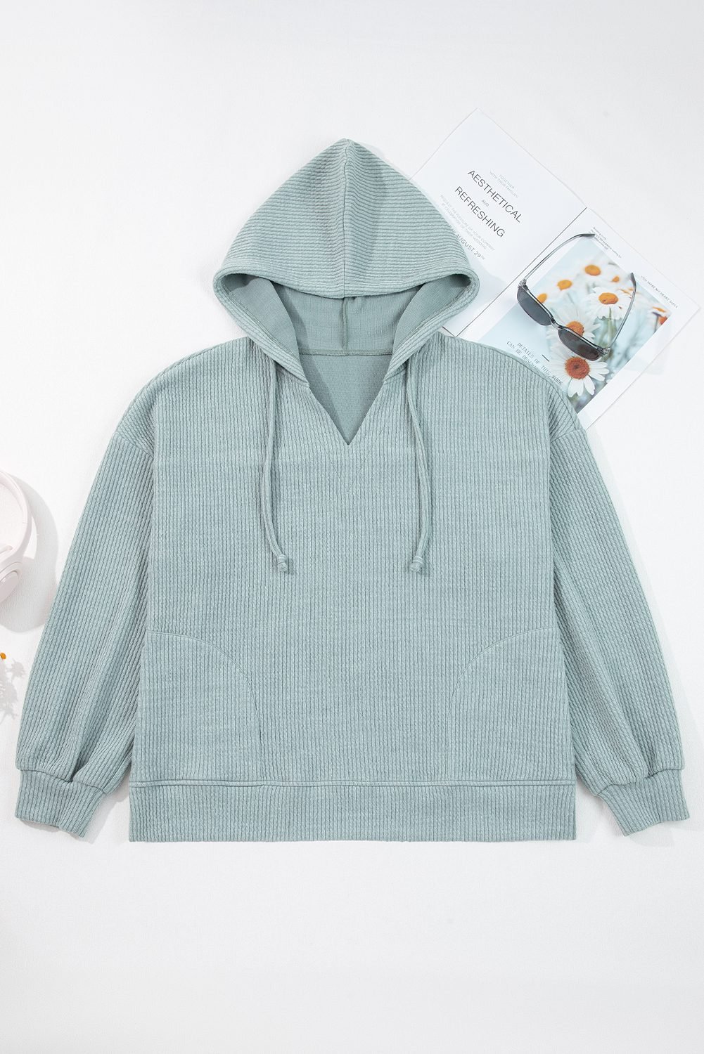 Clearly Aqua Ribbed Drop Shoulder Knit Hoodie