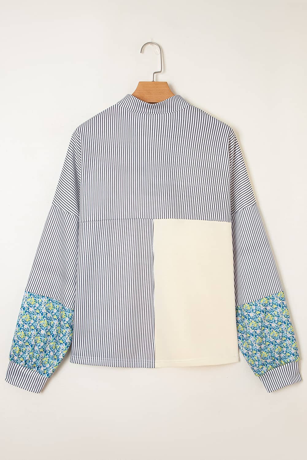 Beige Floral Striped Drop Sleeve Collared Boxy Fit Sweatshirt