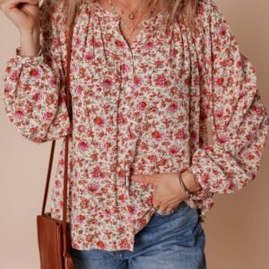 Red Floral Print Pleated Detail Notched Neck Puff Sleeve Blouse