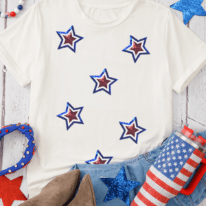 White Independence Day Sequin Star Patched T Shirt
