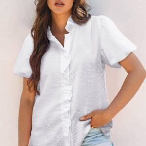White Striped Ruffle Short Bubble Sleeve Shirt