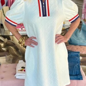 White Textured Jacquard Colorblock Edge Puff Sleeve Quarter Zip Mini Dress