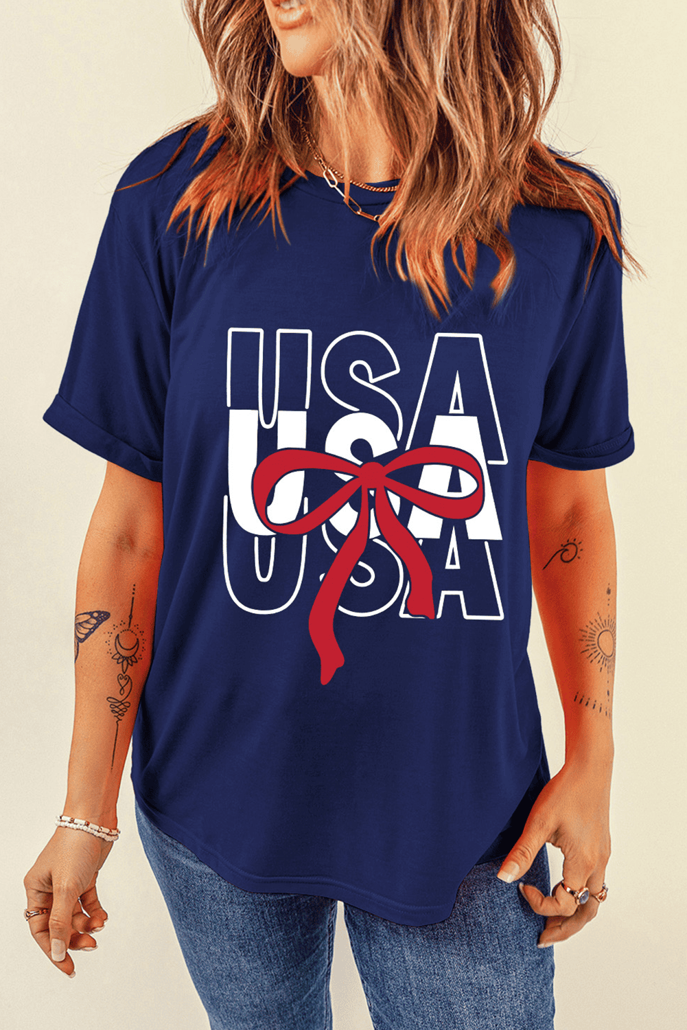 Blue Usa Bow Printed Casual Cotton Blend T Shirt