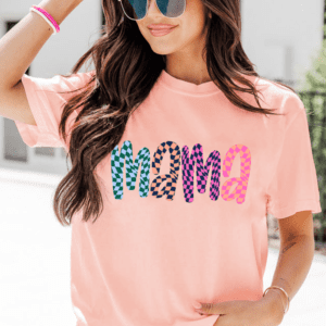 Pink Checkerboard Mama Printed Crew Neck Tee