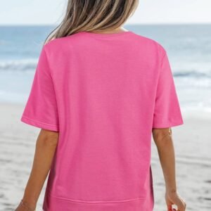 Strawberry Pink Contrasting Color Ribbon Bow Front Patch Loose Tee With Slits