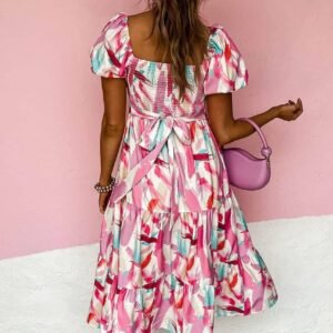 Pink Brush Stroke Printed Smocked Ruffle Tiered Dress