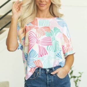 Multicolour Bowknot Printed Waffle Crewneck Loose Short Sleeve Top