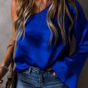 Dark Blue Asymmetric One Shoulder Bell Sleeve Satin Blouse