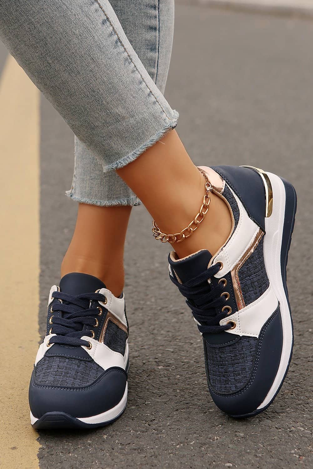 Sail Blue Glitter Patched Lace-Up Wedge Sneakers