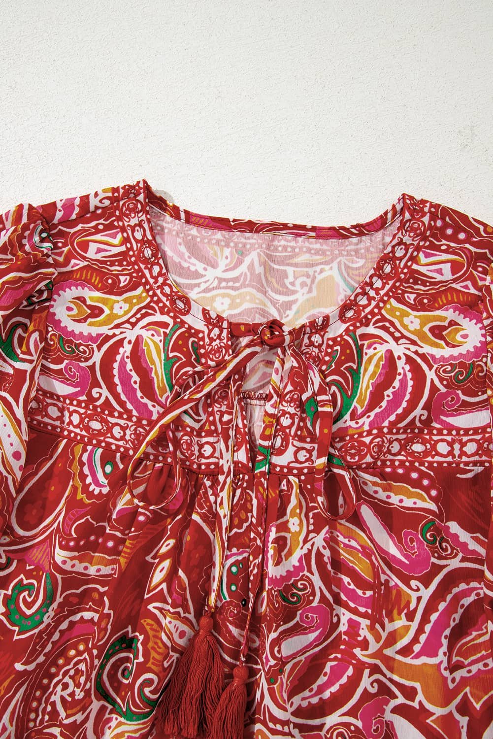 Multicolour Ethnic Paisley Print Tassel Tie Puff Sleeve Boho Blouse