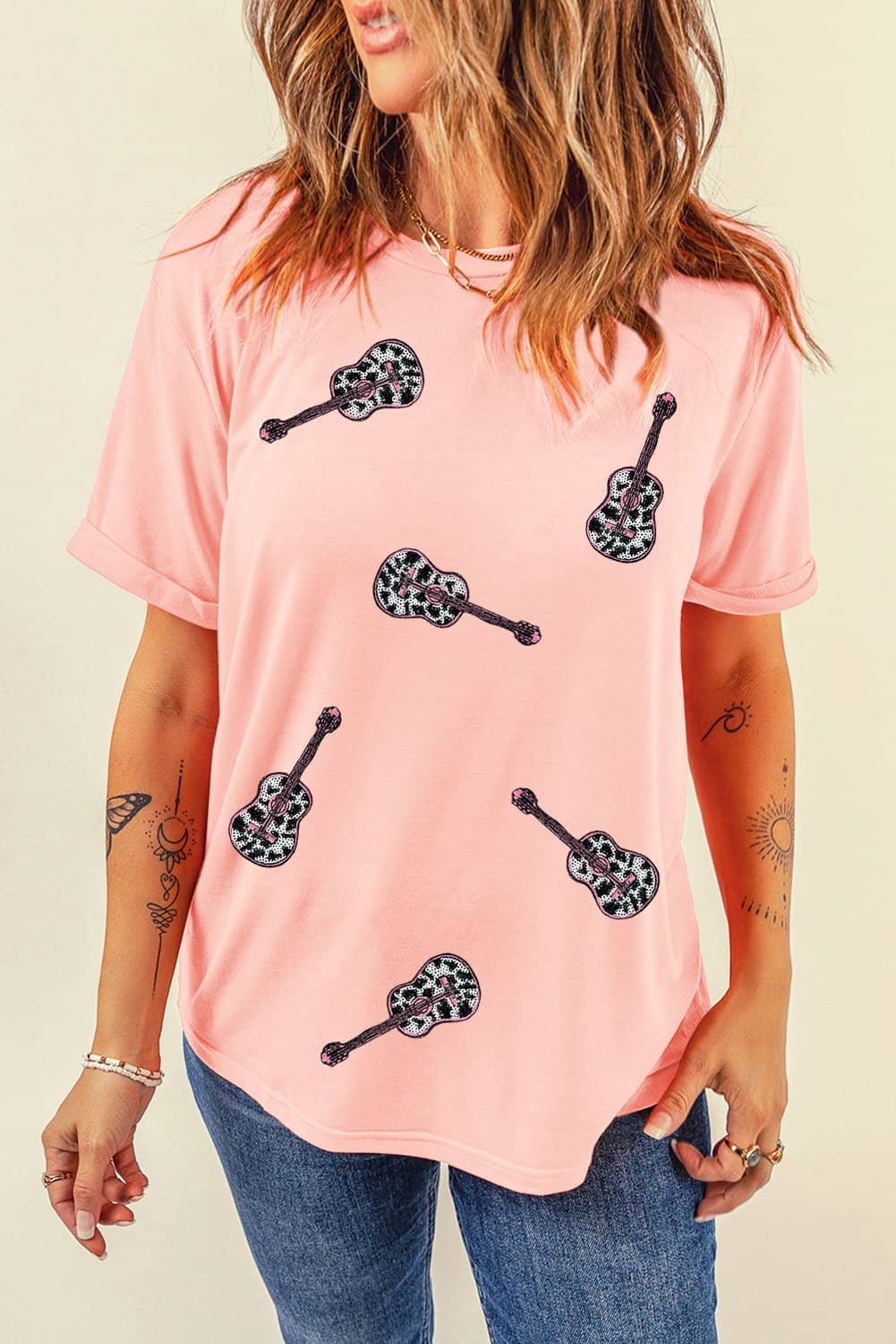 Pink Leopard Guitar Sequin Patch Crew Neck Tee