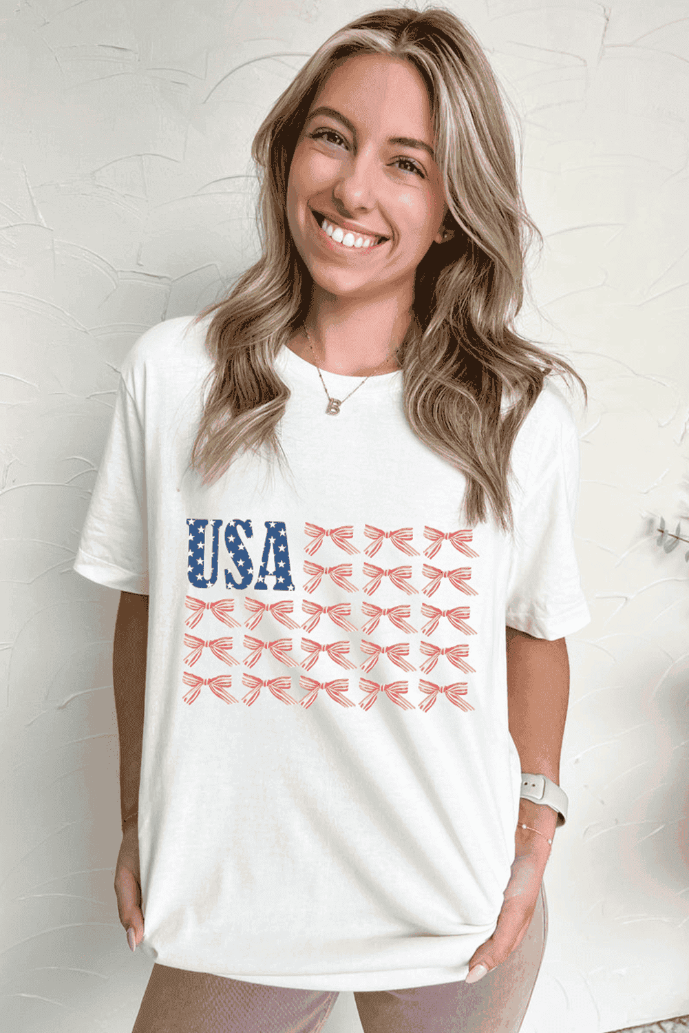 White Usa Flag Bow Knot Print Round Neck T Shirt
