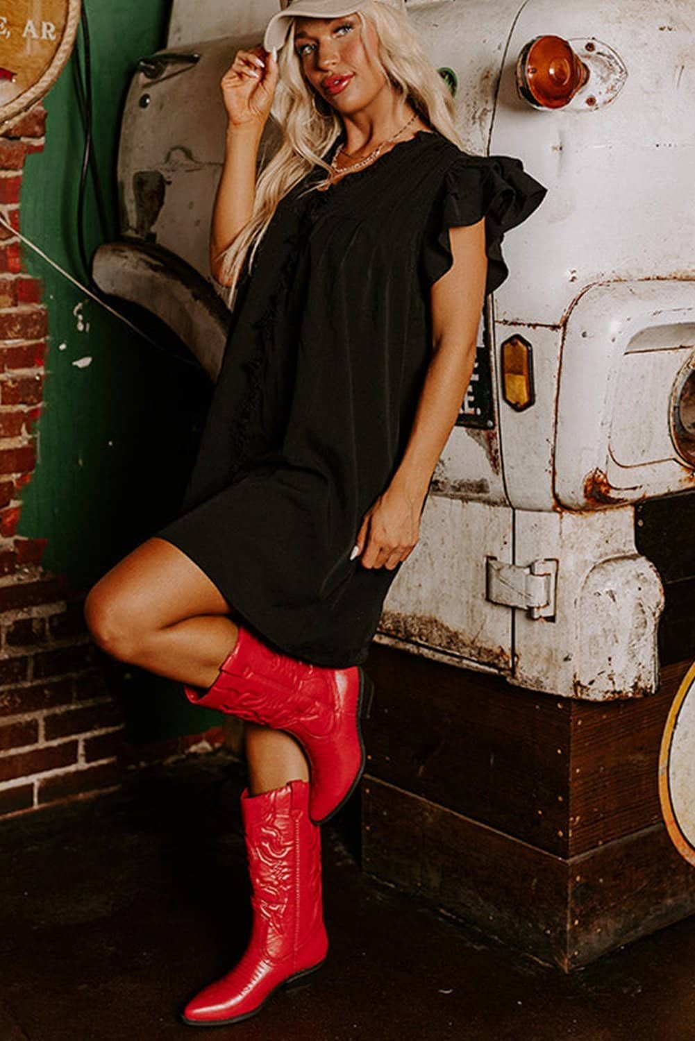 Black Frilled V Neck Pleated Ruffle Detail Short Shift Dress