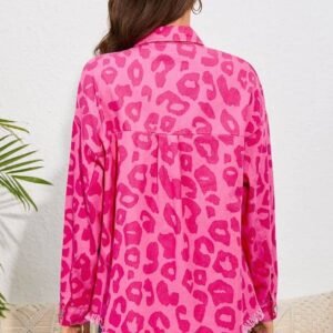 Pink Leopard Print Button Cuffs Raw Hem Jacket