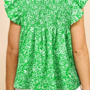 Green Floral Flutter Sleeve Shirred Notched Neck Plus Size Blouse