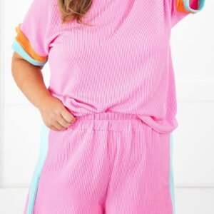 Bonbon Plus Size Color Block Corded Knit Tee And Shorts Set