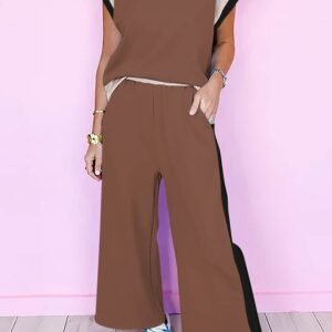 Chestnut Color Block Detail Casual Two-Piece Outfit