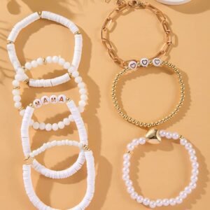 White Mama Heart Pearl Beaded Chain Multi Layer Bracelet