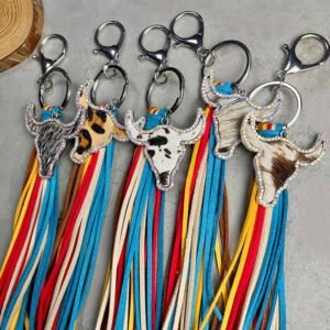 Philippine Gray Rhinestone Steer Head Colorful Tassel Key Ring