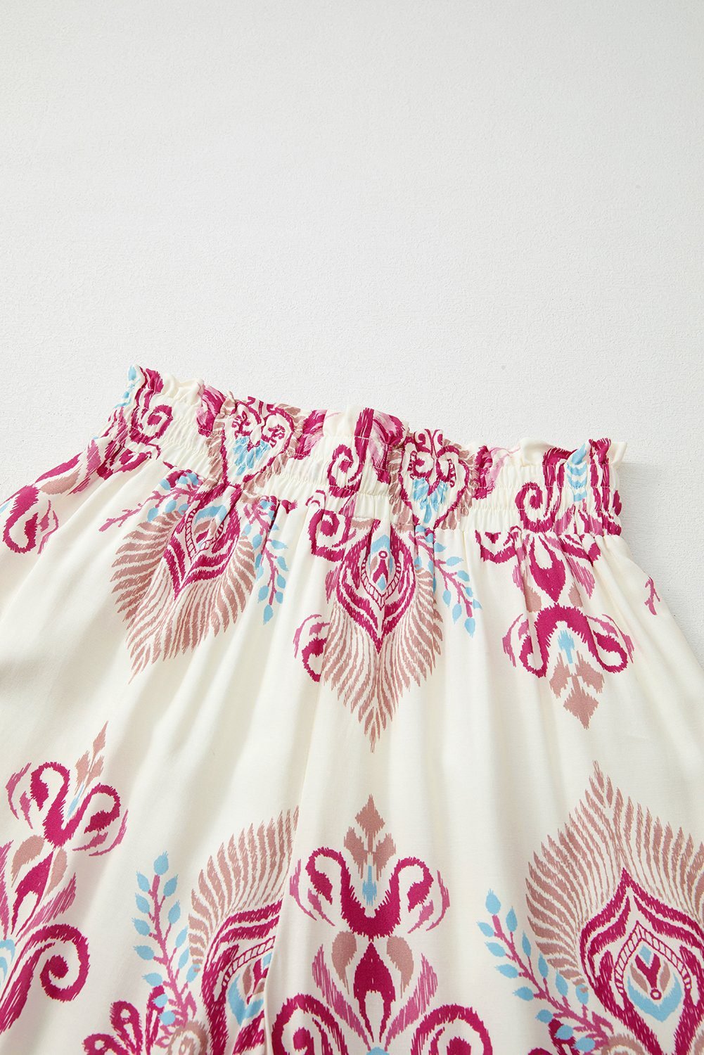 Rose Boho Printed Shirred High Waist Flowy Wide Leg Pants