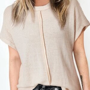 Pale Khaki Solid Color Textured Seamed Short Sleeve Top