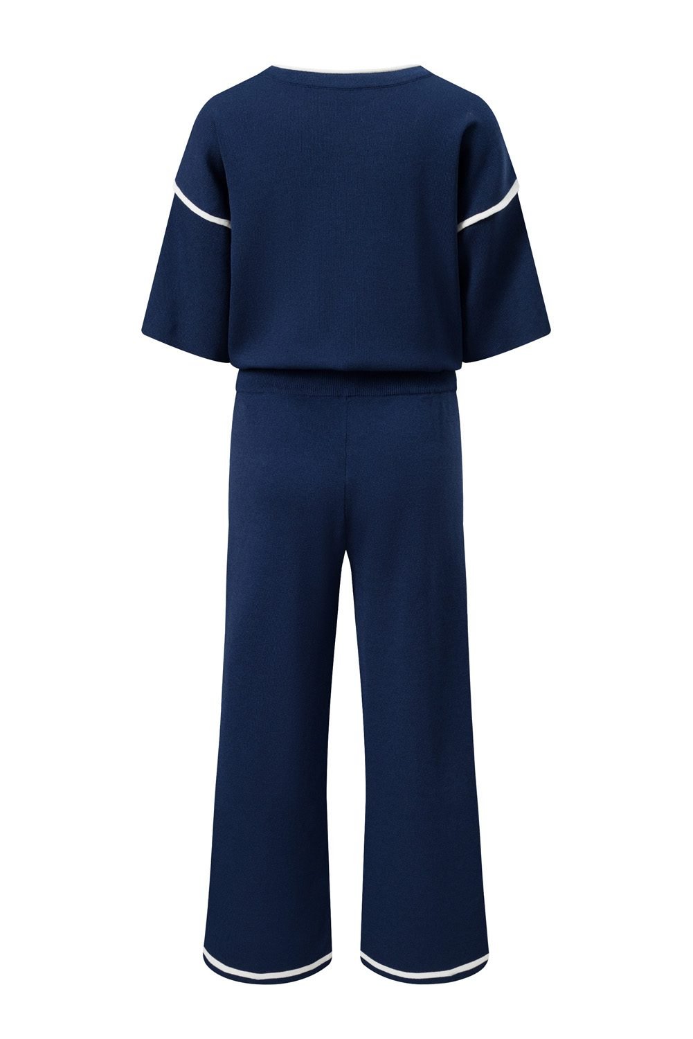 Navy Blue Contrast Trim Half Sleeve Top Drawstring Pants Loose 2Pcs Sweater Suit