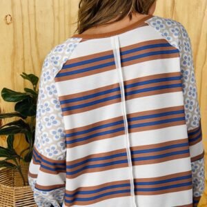 White Striped Floral Printed Patchwork Lantern Sleeve Blouse