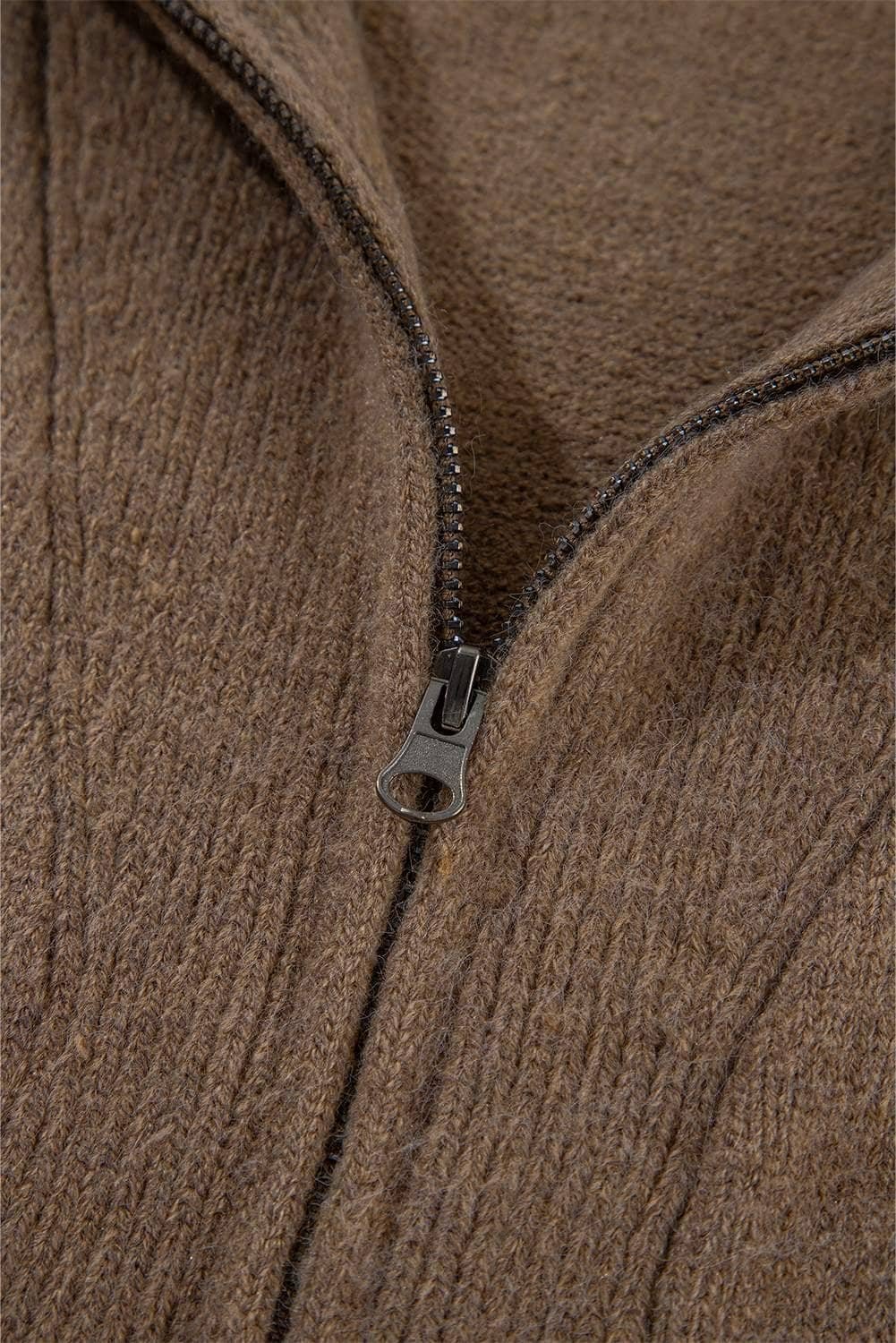 Brown Western Printed Ribbed Trim Collared Zip Up Cardigan