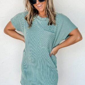 Blue Striped Ribbed Knit T-Shirt Shift Dress