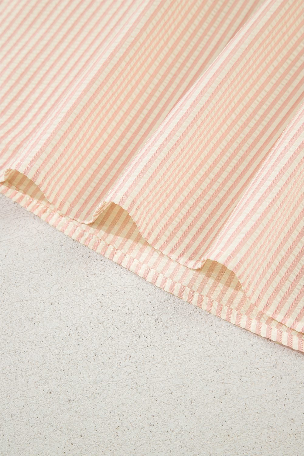 Pink Stripe Bow Knot Cuff Pearl Embellished Puff Sleeve V Neck Blouse