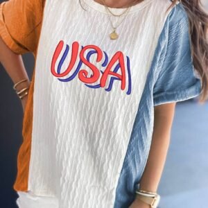 Light Blue Usa Embroidered Cable Textured Knit Cuffed Sleeve Colorblock Tee