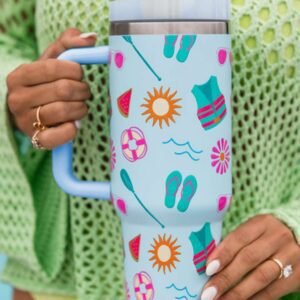 Light Blue Beach Day Fun Pattern Cup With Handle 40Oz