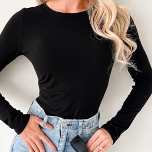 Black Ribbed Long Sleeve Crew Neck Solid Color Bodysuit