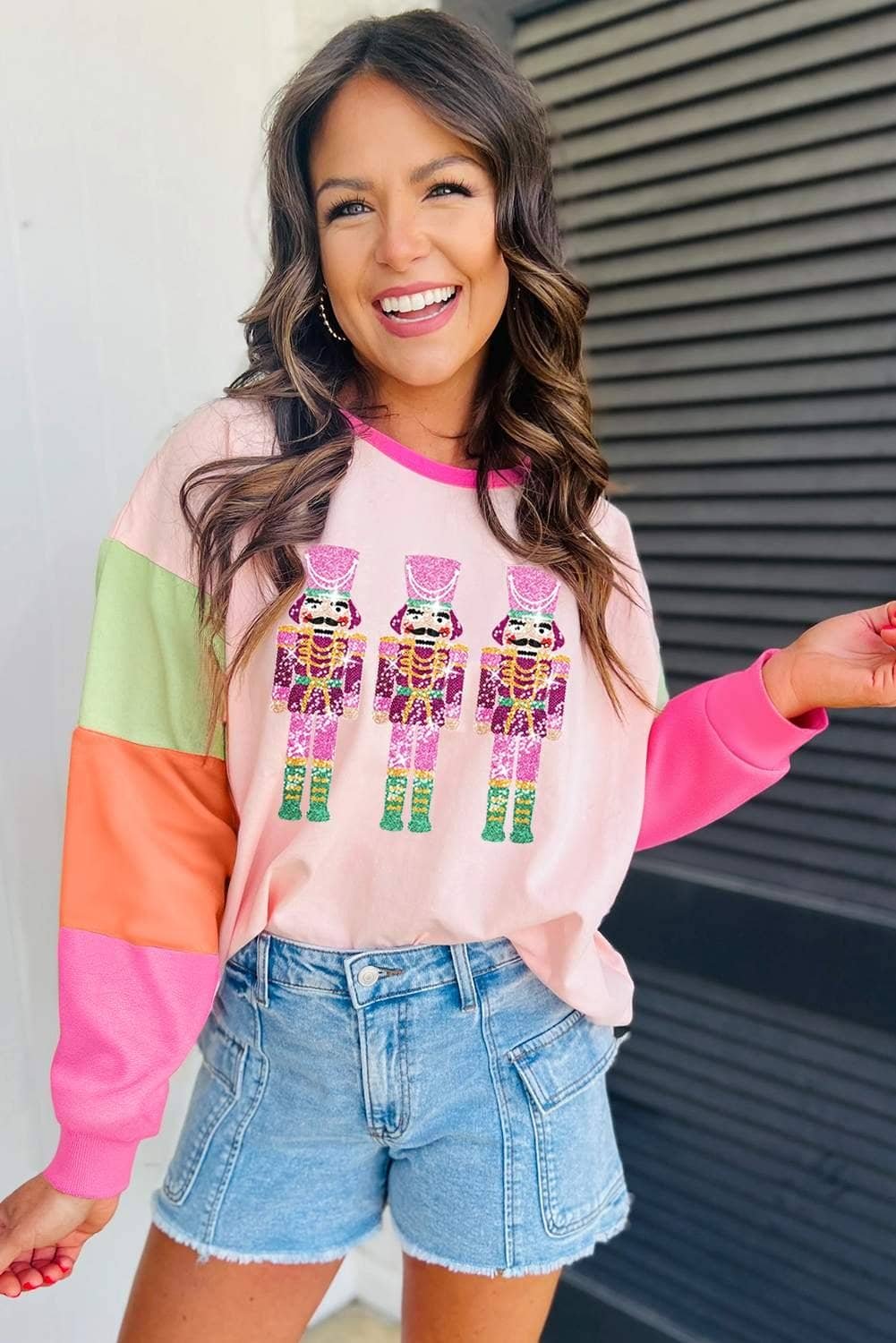 Pink Christmas Sequin Nutcracker Graphic Colorblock Long Sleeve Top