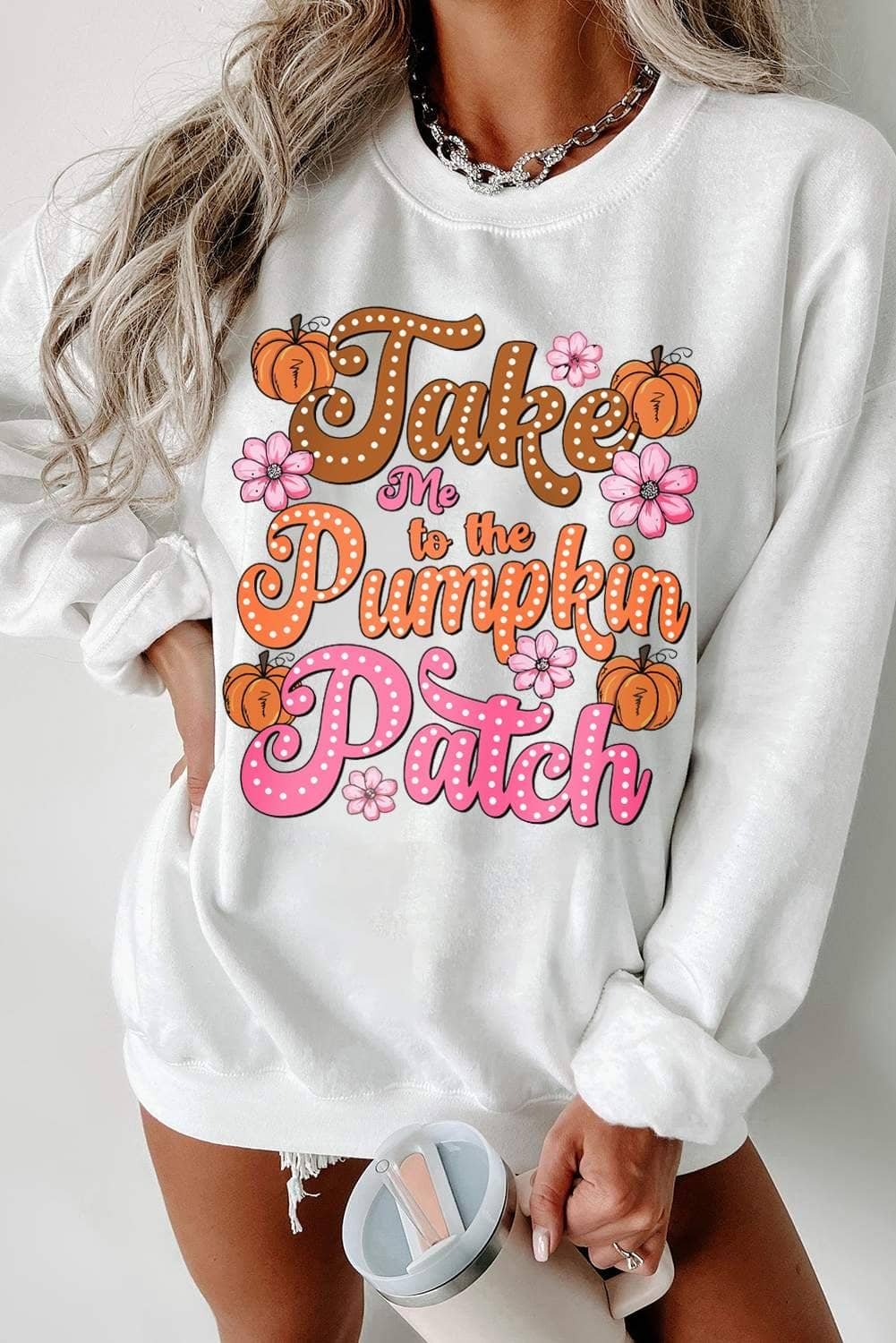 White Take Me To The Pumpkin Patch Floral Halloween Sweatshirt