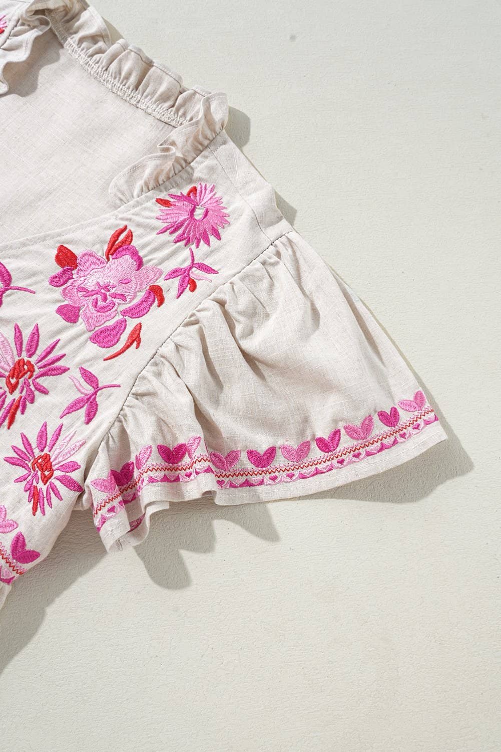 Beige Floral Embroidered Short Sleeve Notched V Neck Blouse